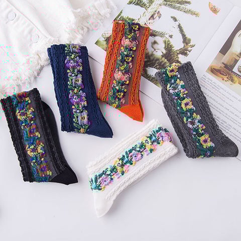 (5 Paar) Vintage-Socken mit bestickten Blumen